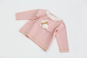 Baby Girl Bunny Print Pattern Ruffle Neck Long Sleeved Knitted Sweater