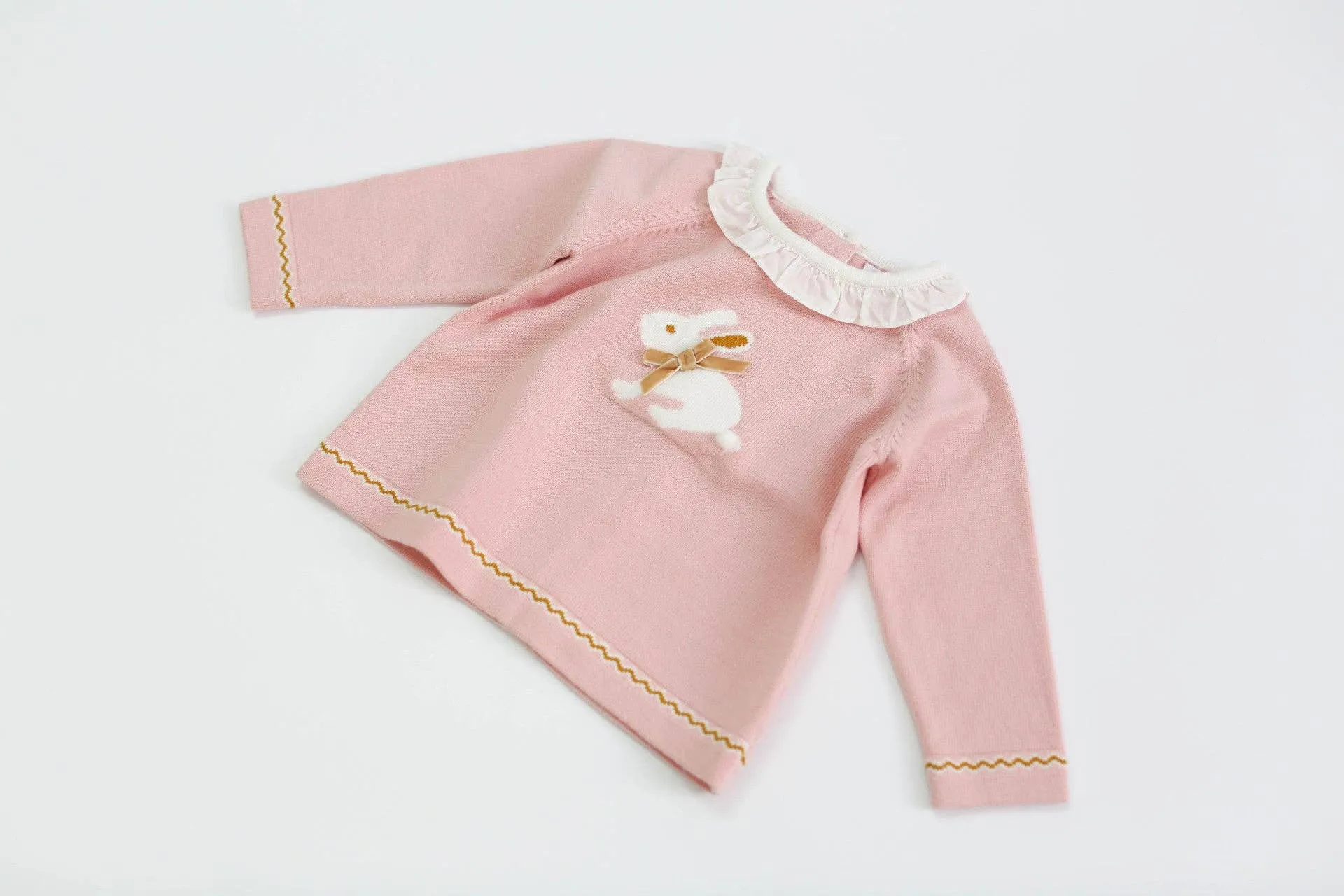 Baby Girl Bunny Print Pattern Ruffle Neck Long Sleeved Knitted Sweater