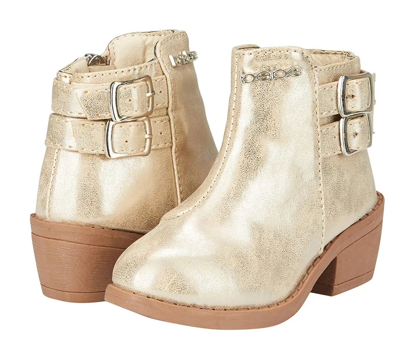 bebe Toddler Girls Metallic Boots Buckle Straps Slip-On Mid-Heel Fashion PU Shoes