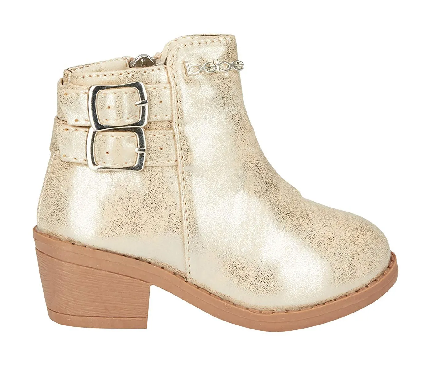 bebe Toddler Girls Metallic Boots Buckle Straps Slip-On Mid-Heel Fashion PU Shoes