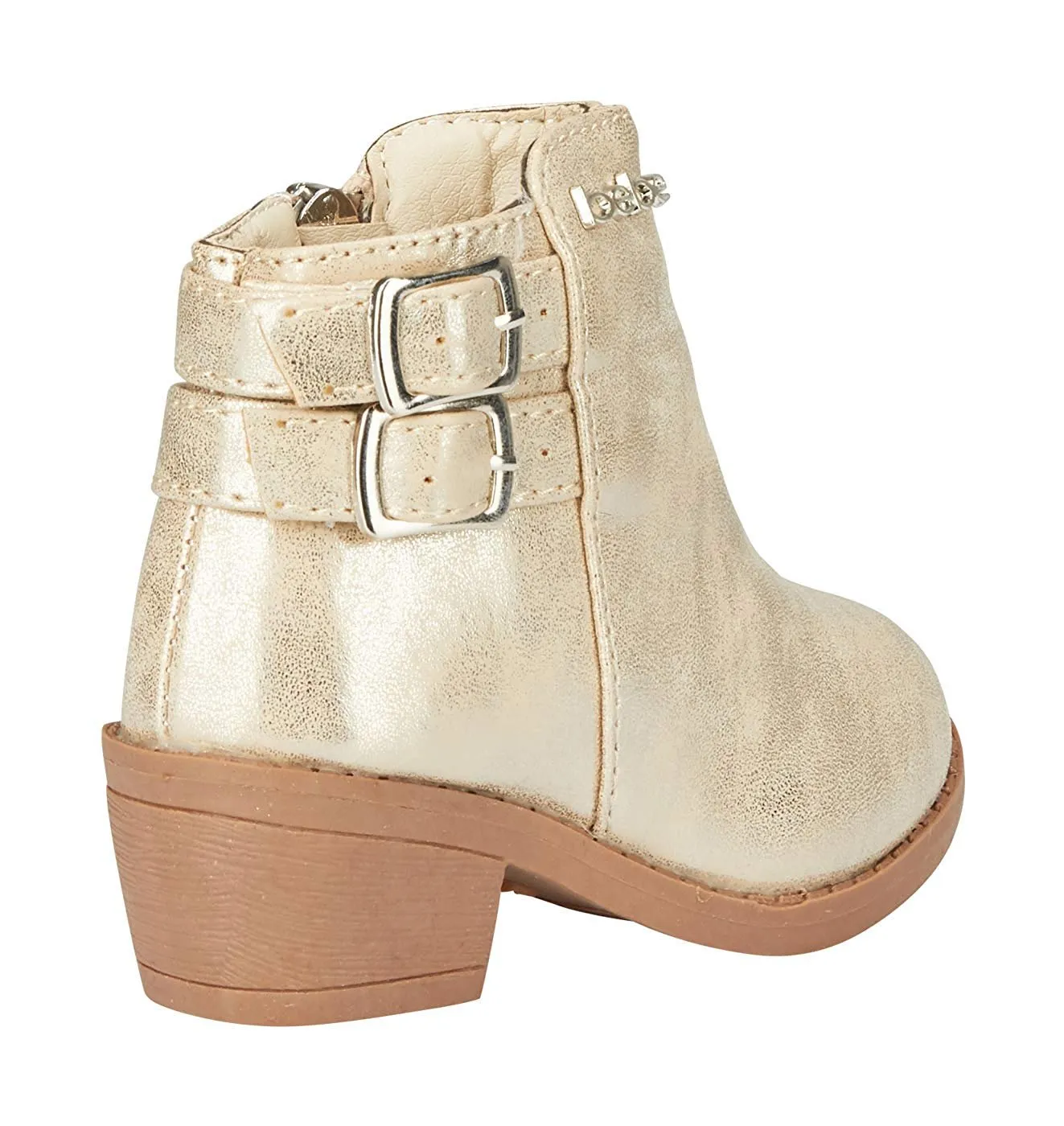 bebe Toddler Girls Metallic Boots Buckle Straps Slip-On Mid-Heel Fashion PU Shoes