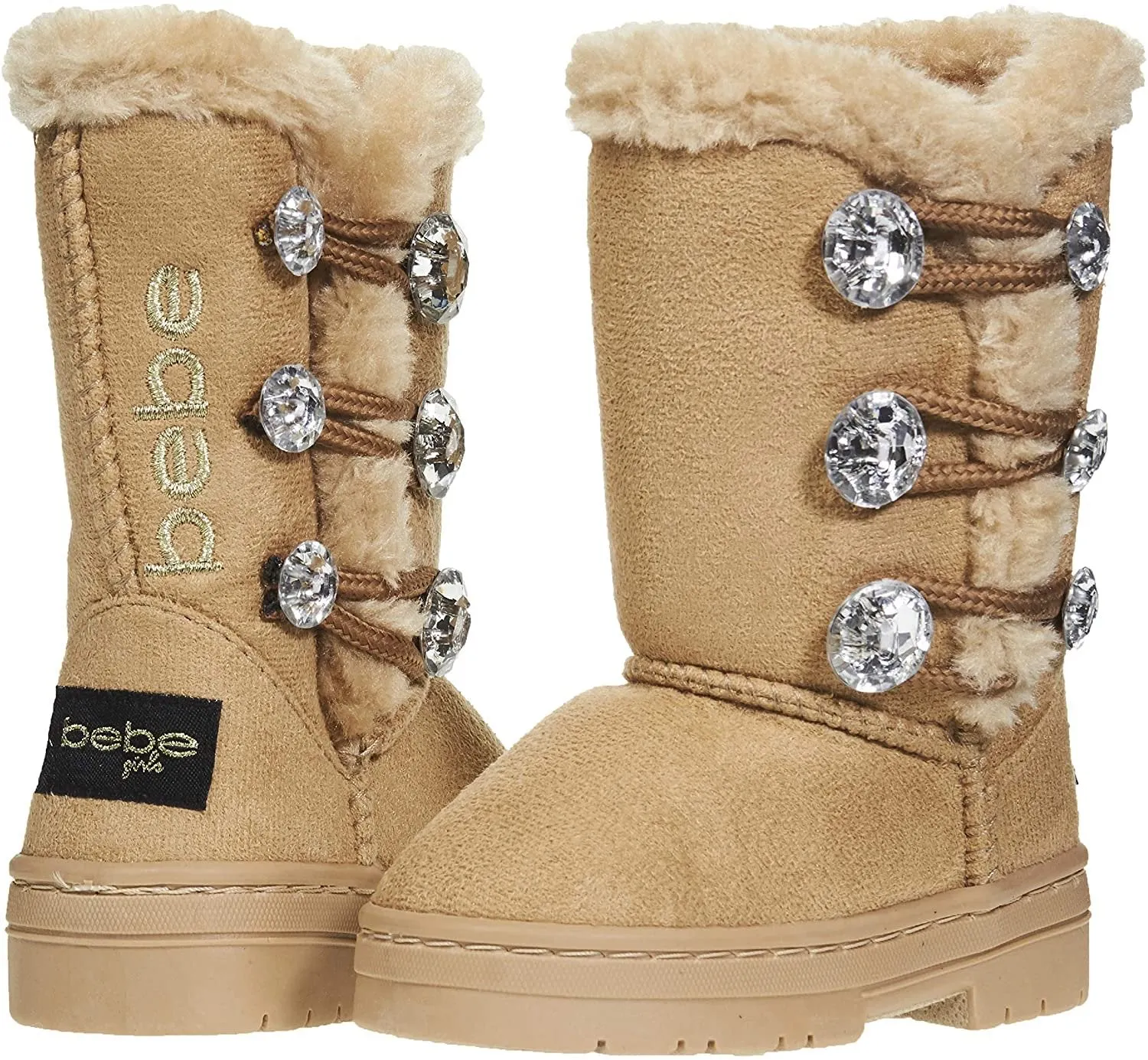 bebe Toddler Girls Winter Boots with Rhinestones Buttons Slip-On Mid-Calf Fashion Shoes