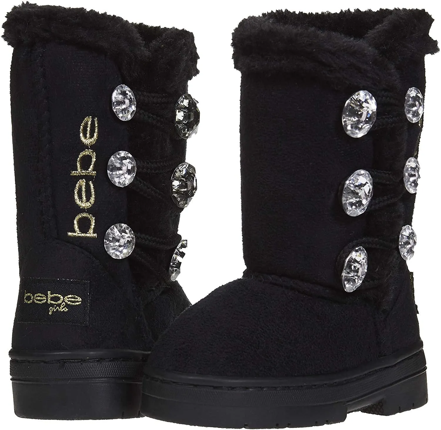 bebe Toddler Girls Winter Boots with Rhinestones Buttons Slip-On Mid-Calf Fashion Shoes