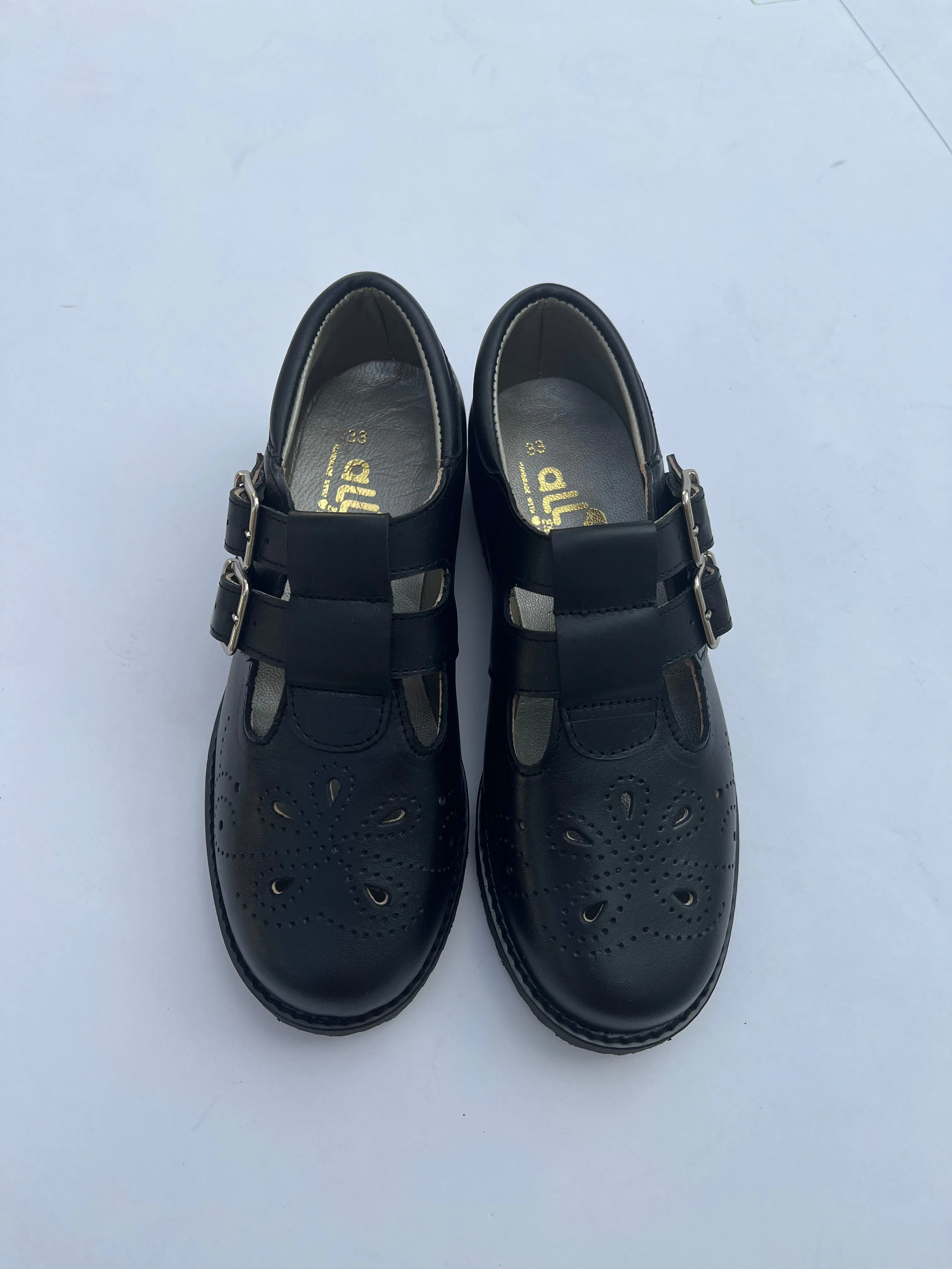 Black double straps with buckle school shoe ( flower-amarillo)