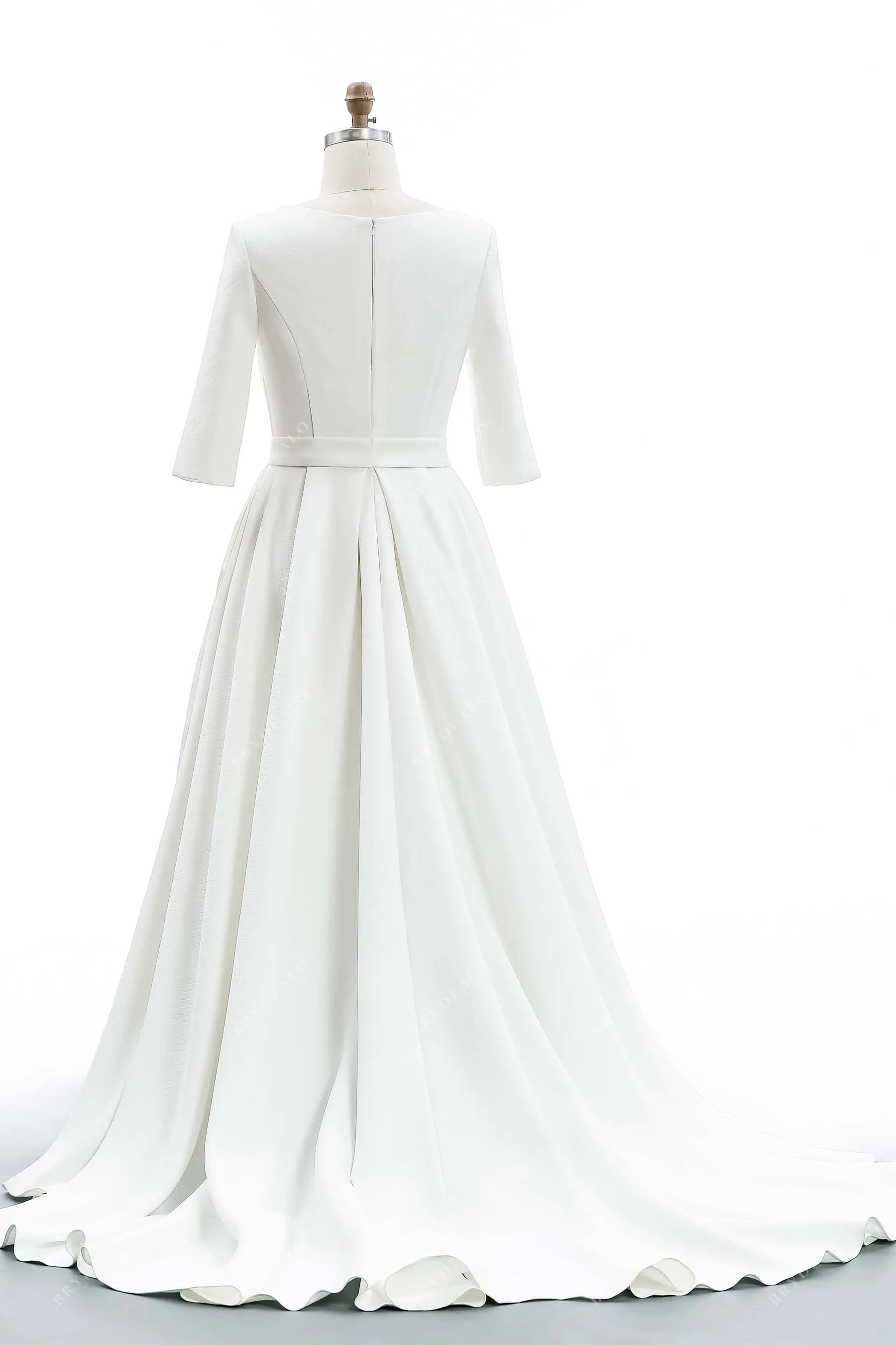 Boat Neck 3/4 Sleeve Designed Satin Modest Wedding Dress