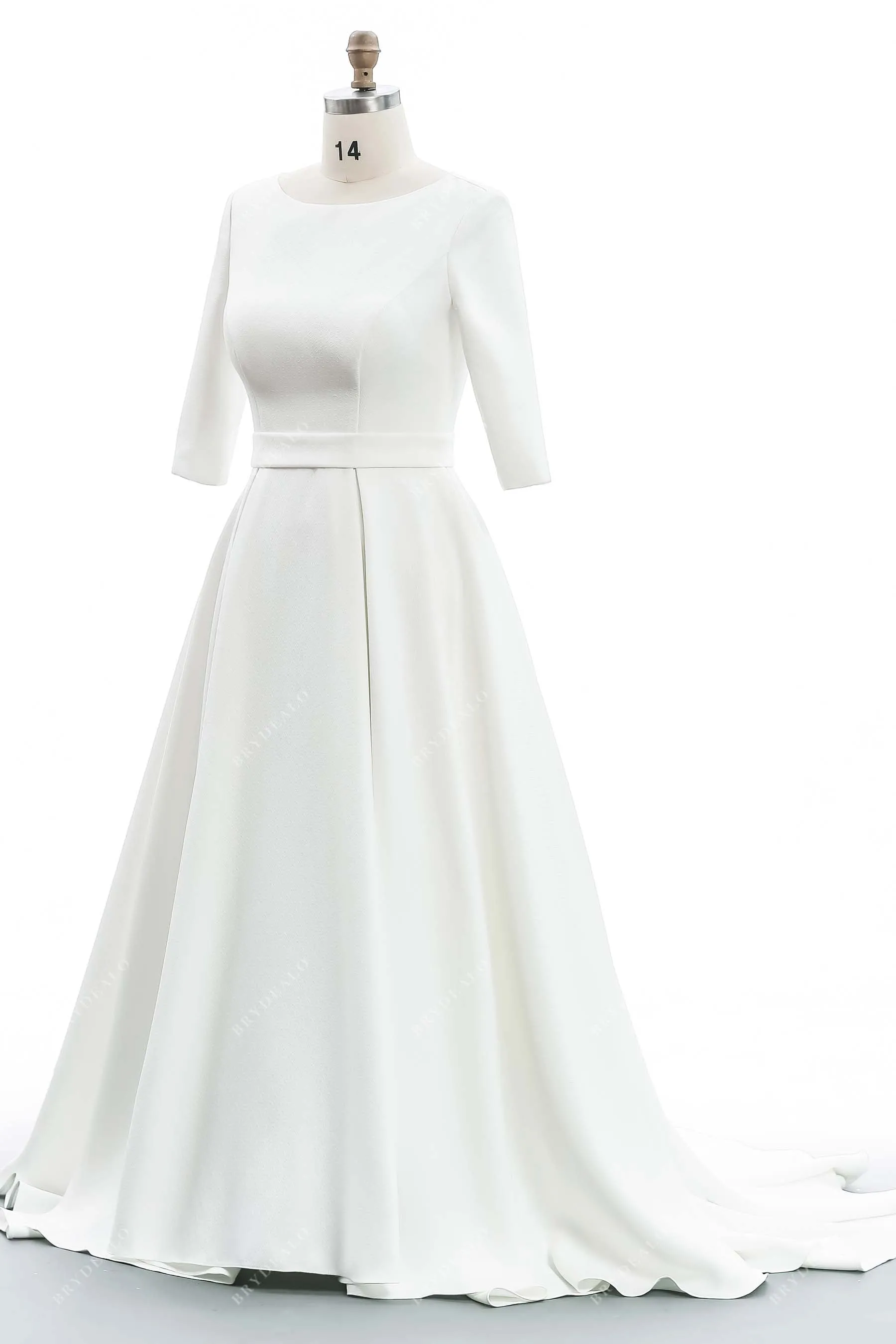 Boat Neck 3/4 Sleeve Designed Satin Modest Wedding Dress