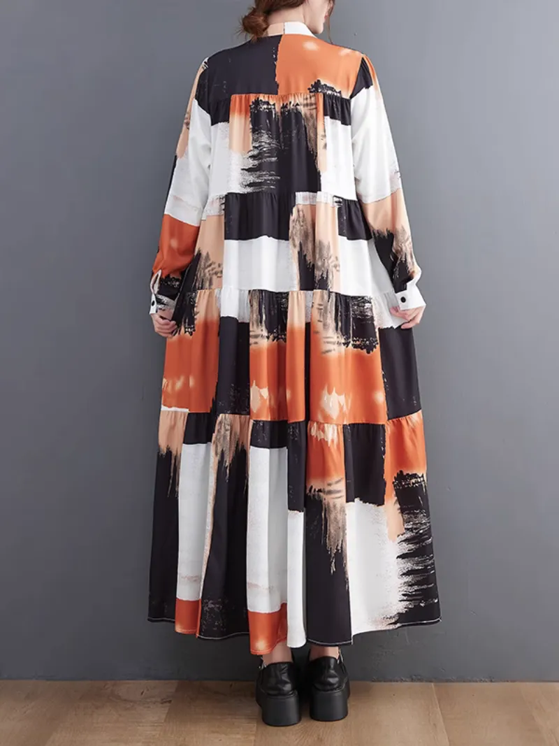 Comfort Large Size Loose Printing Collar A-Line Dress
