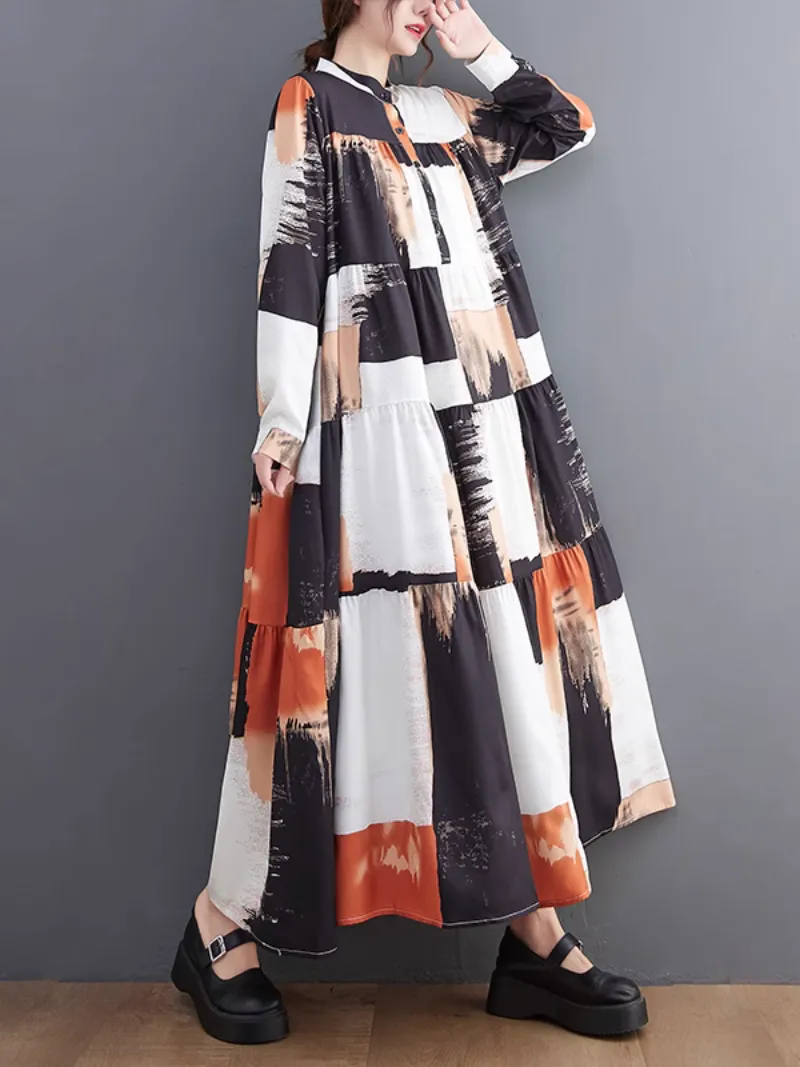 Comfort Large Size Loose Printing Collar A-Line Dress