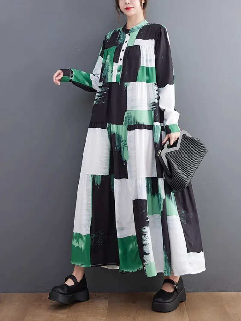 Comfort Large Size Loose Printing Collar A-Line Dress