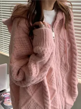 deanwangkt Korean Fashion Knit Cardigan Women Autumn Winter Casual Loose Zipper Hooded Thick Sweater Coat Long Sleeve Pink Top