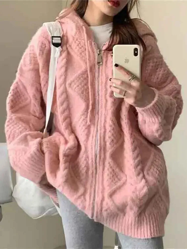 deanwangkt Korean Fashion Knit Cardigan Women Autumn Winter Casual Loose Zipper Hooded Thick Sweater Coat Long Sleeve Pink Top