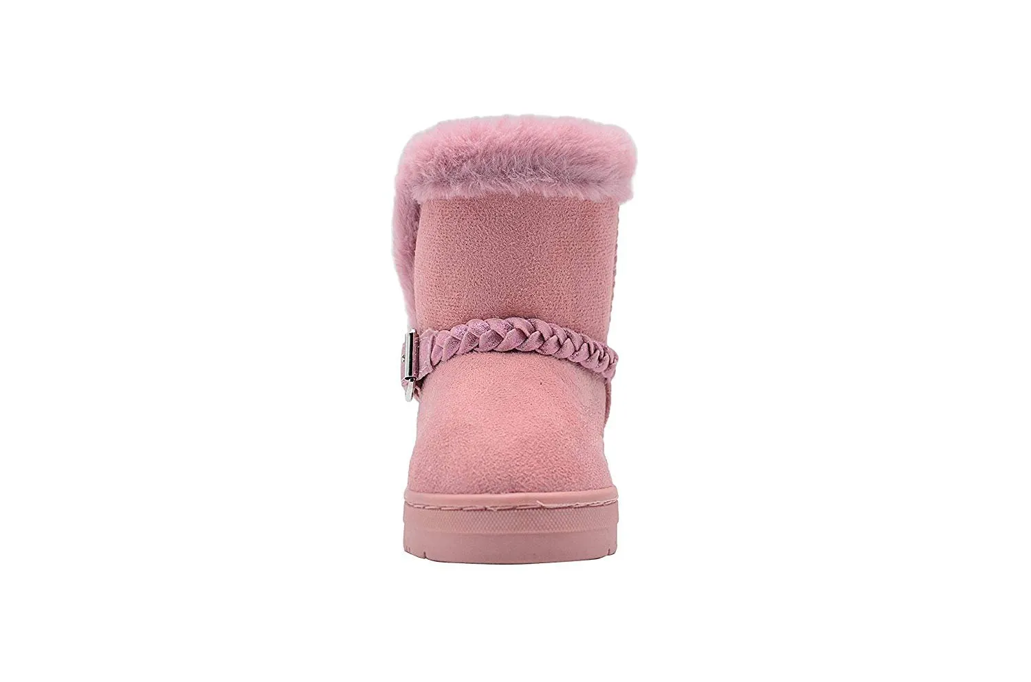 dELiAs Toddler Girls Little Kid Easy Pull On Mid Calf Microsuede Winter Boots with Faux Fur Trim and Braided Strap