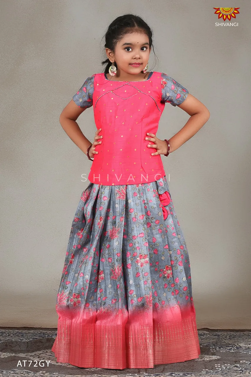 Girls Kalamkari Temple Grey Pattu Pavadai | Langa