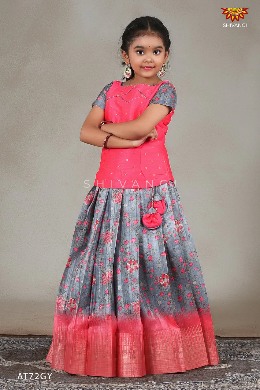Girls Kalamkari Temple Grey Pattu Pavadai | Langa