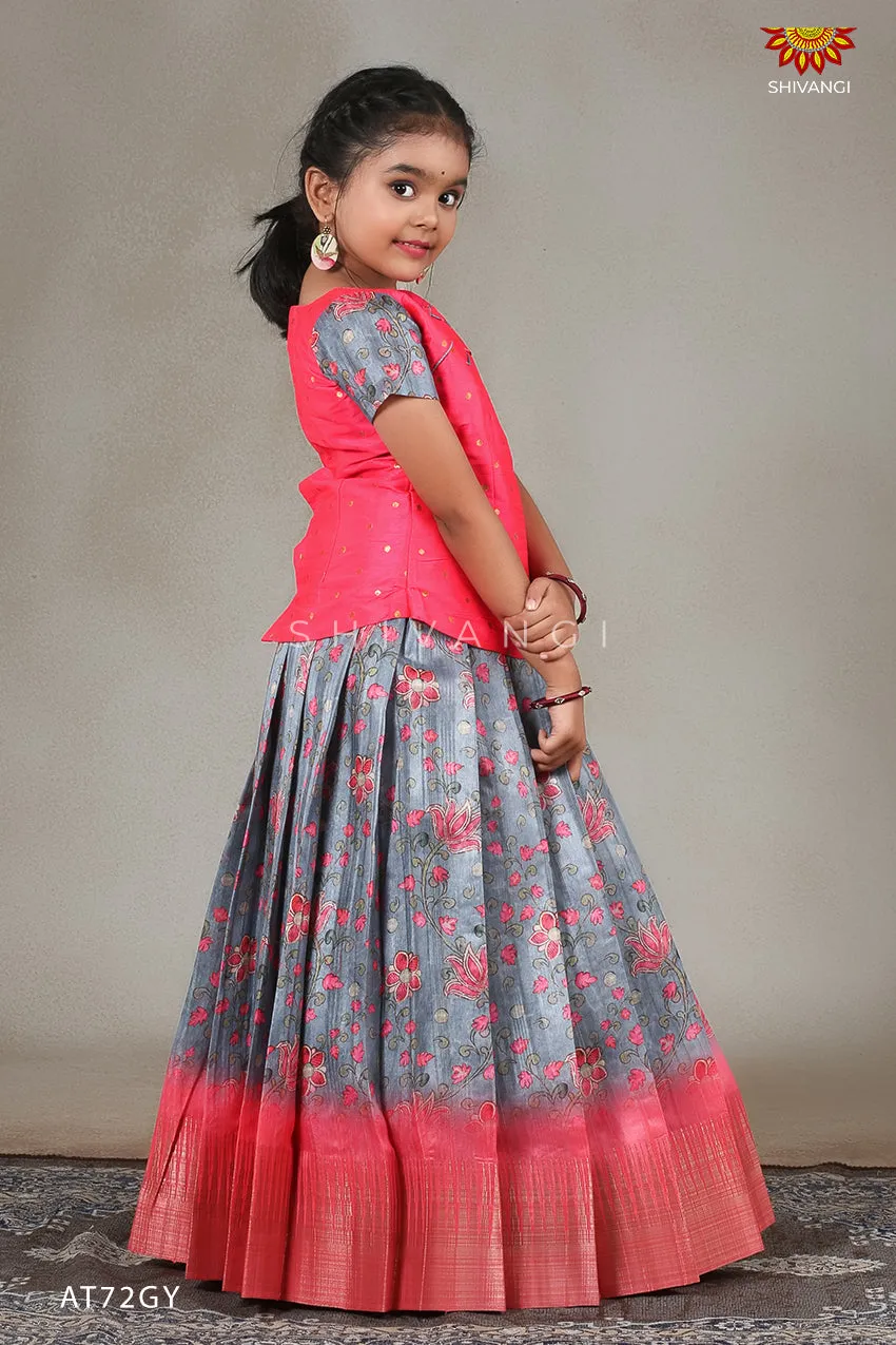 Girls Kalamkari Temple Grey Pattu Pavadai | Langa