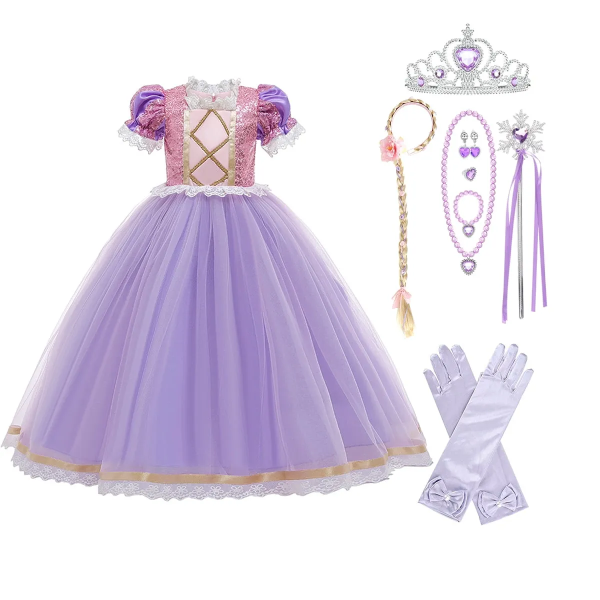 Girls Rapunzel Princess Sofia Costume Birthday Christmas Halloween Cosplay Carnival Fancy Dress w/Gloves Accessories