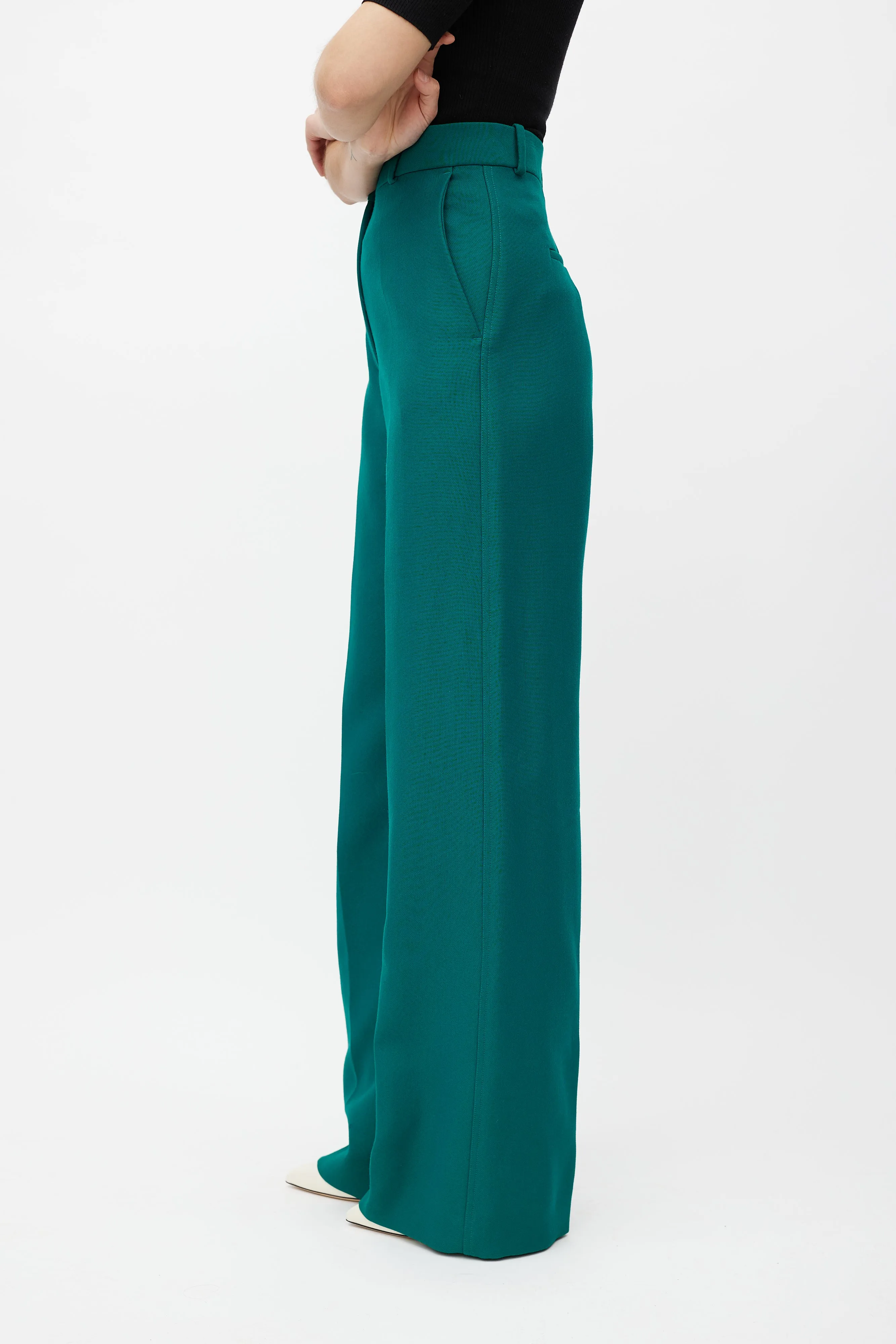 Green Wide Leg Wool Trouser