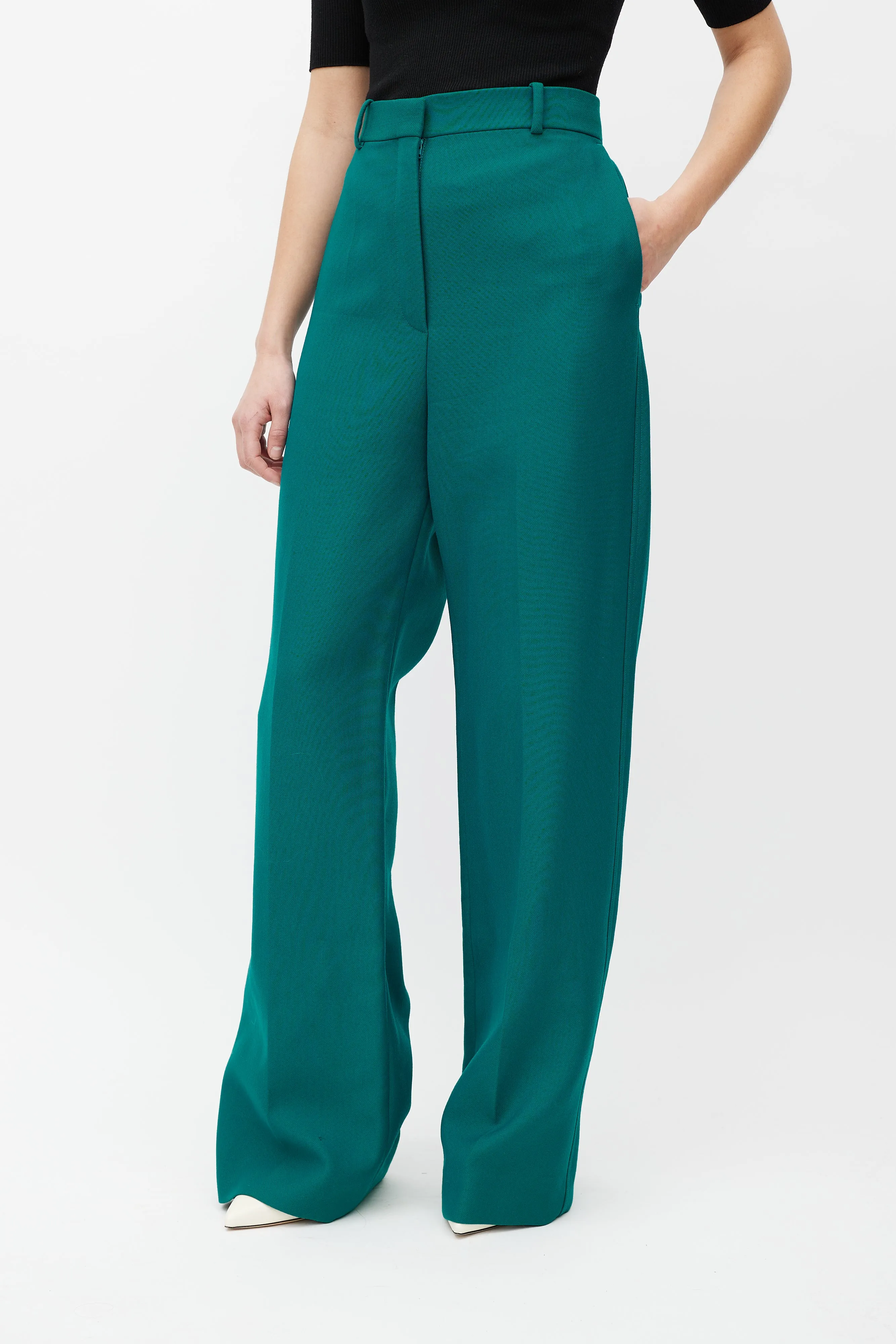 Green Wide Leg Wool Trouser