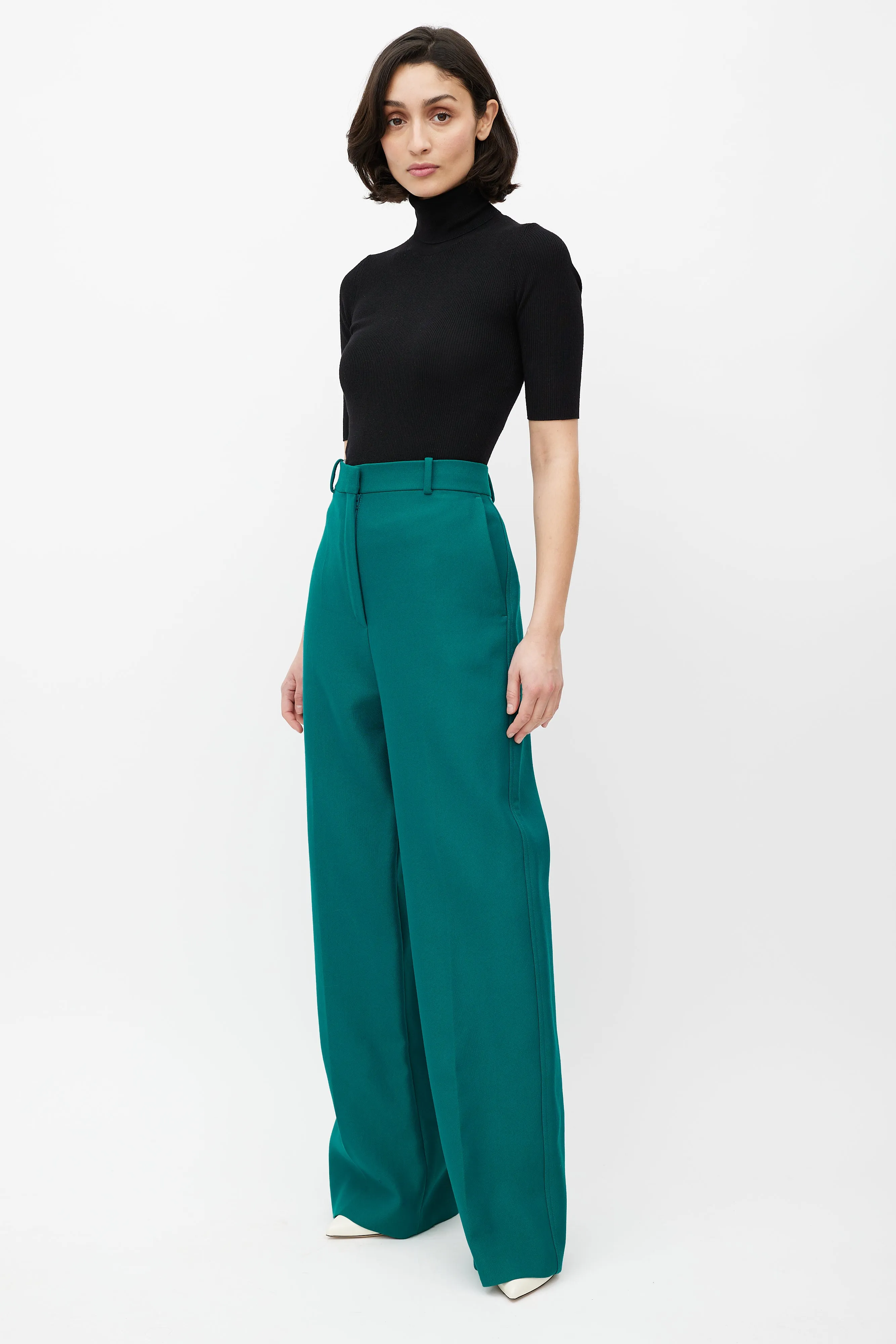 Green Wide Leg Wool Trouser
