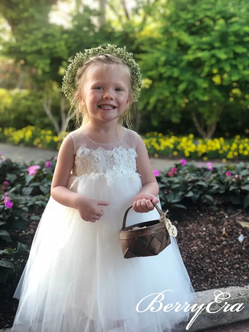 Illusion Lace Top Beaded Tulle Ivory Flower Girl Dresses