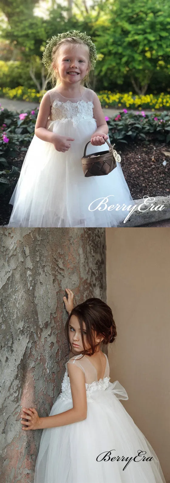 Illusion Lace Top Beaded Tulle Ivory Flower Girl Dresses
