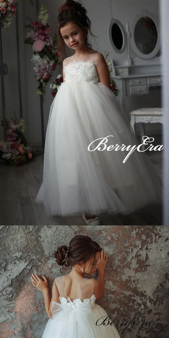 Illusion Lace Top Beaded Tulle Ivory Flower Girl Dresses