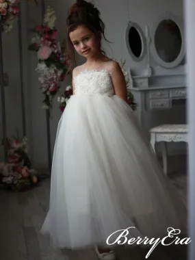Illusion Lace Top Beaded Tulle Ivory Flower Girl Dresses