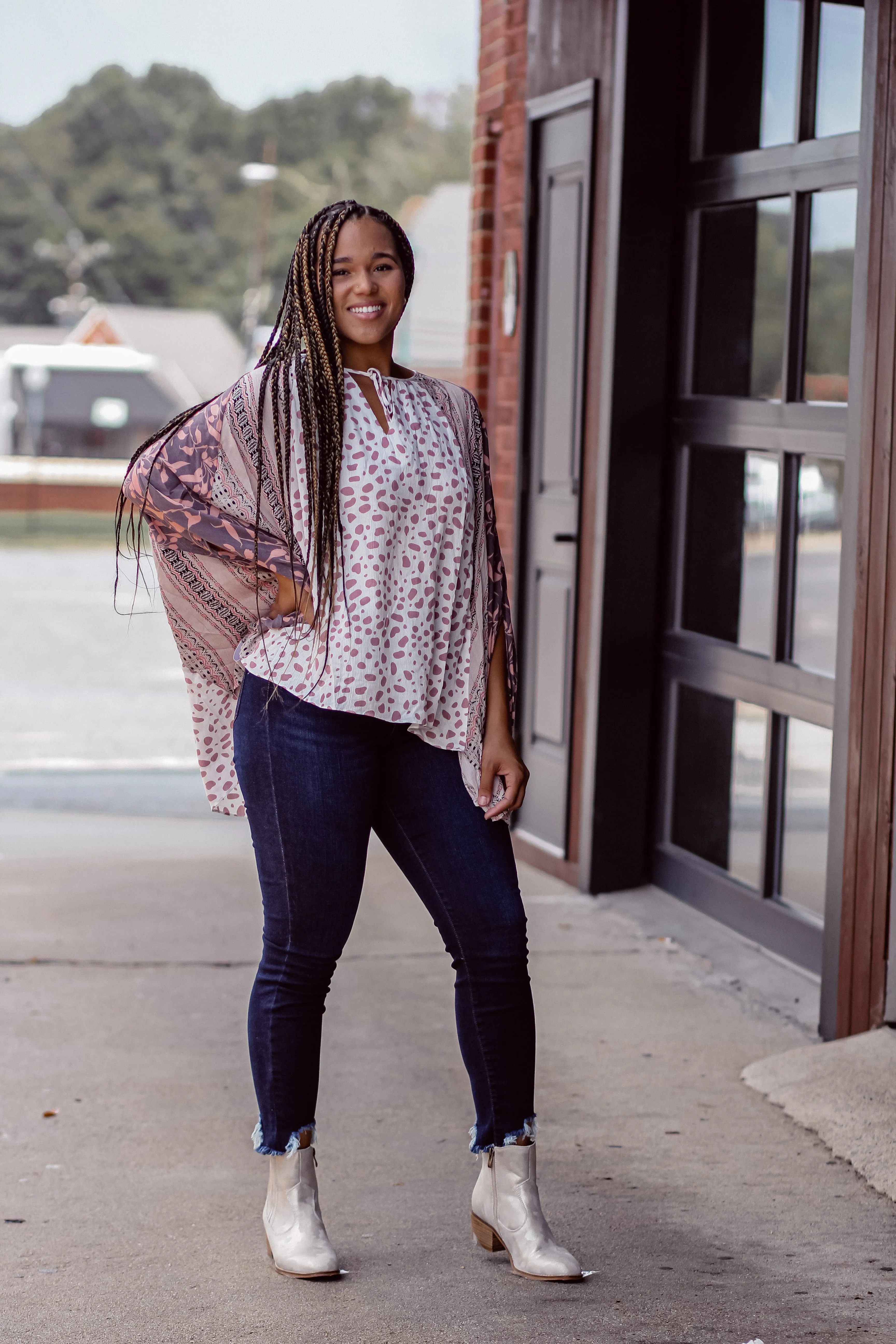 Mauve & Ivory Contrast Dolman Sleeve Tie Front Top