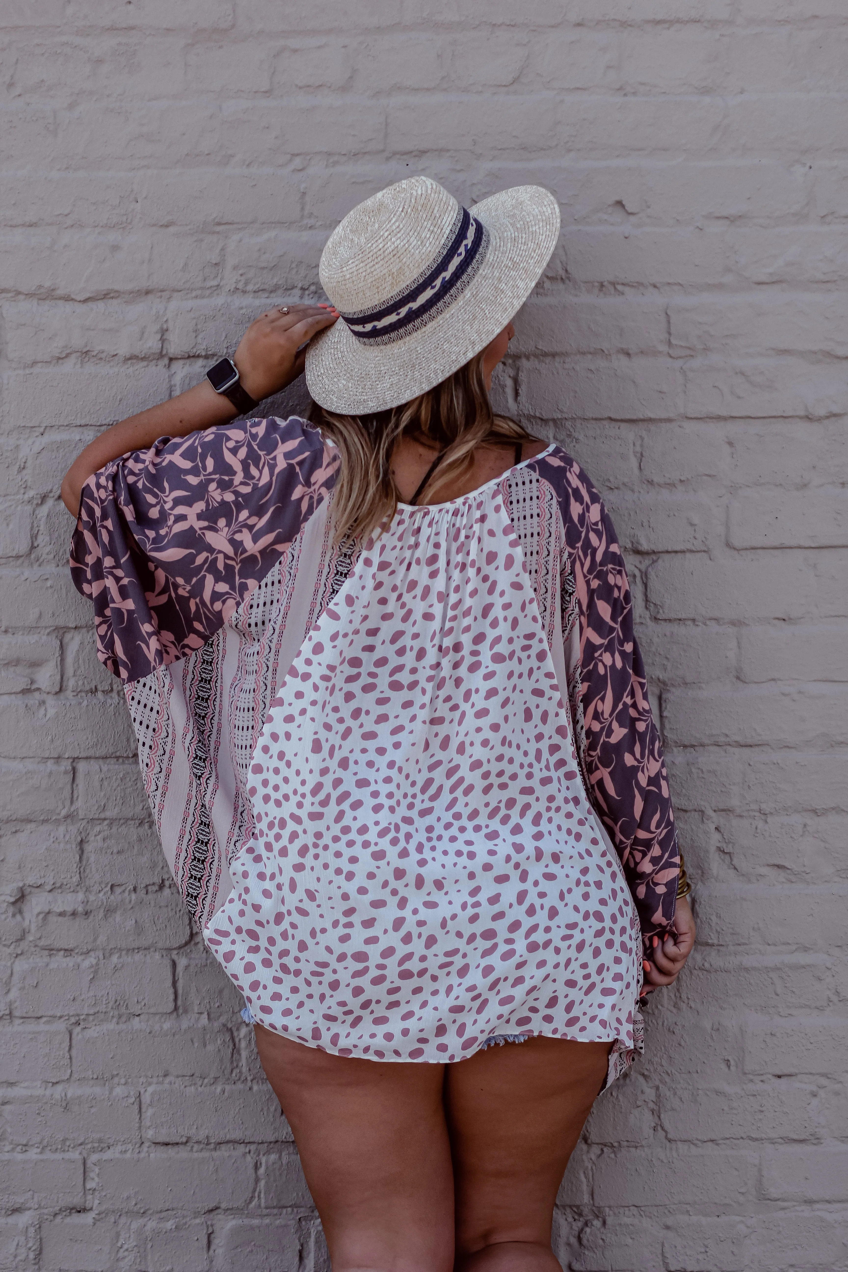 Mauve & Ivory Contrast Dolman Sleeve Tie Front Top