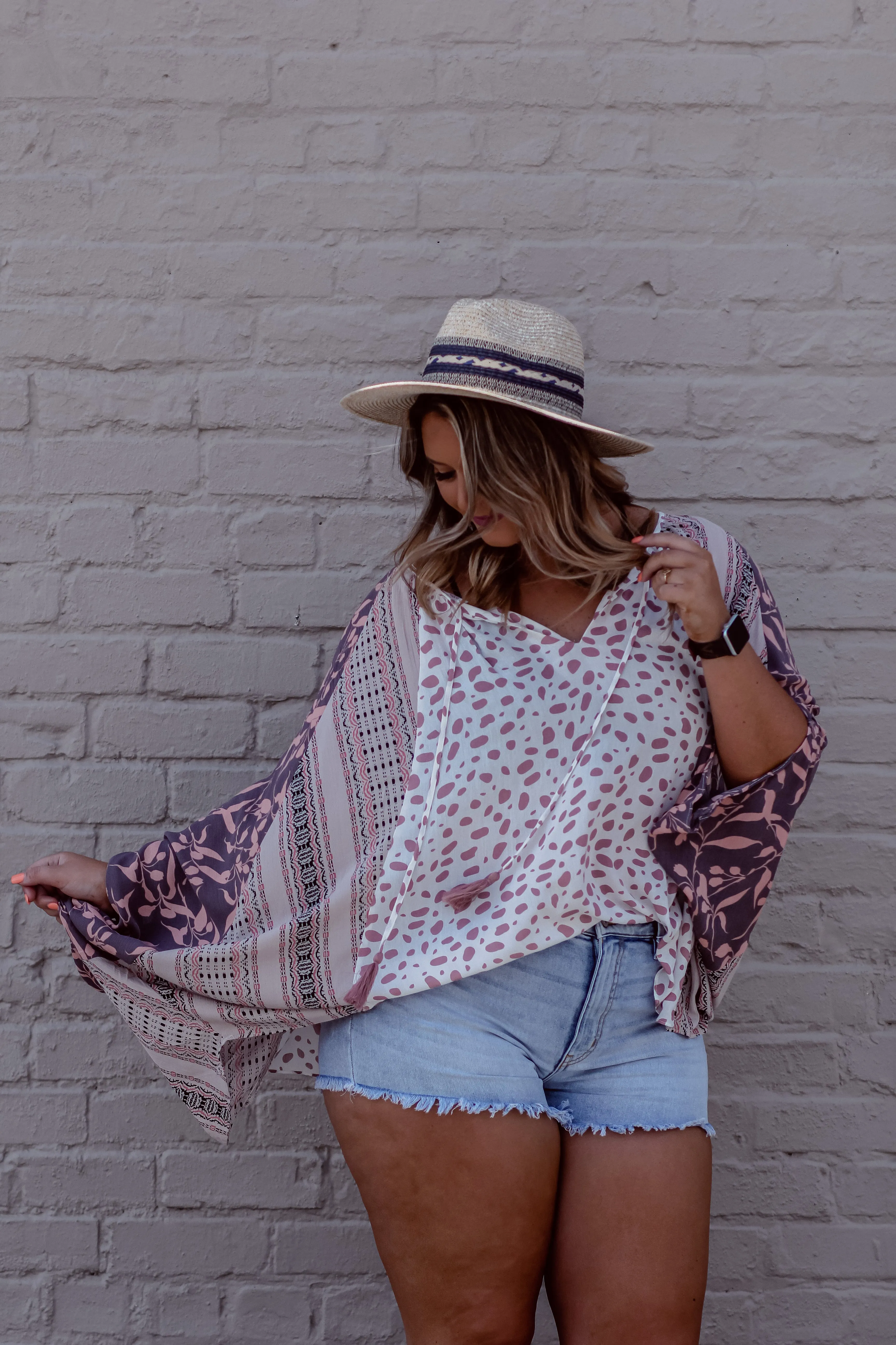 Mauve & Ivory Contrast Dolman Sleeve Tie Front Top