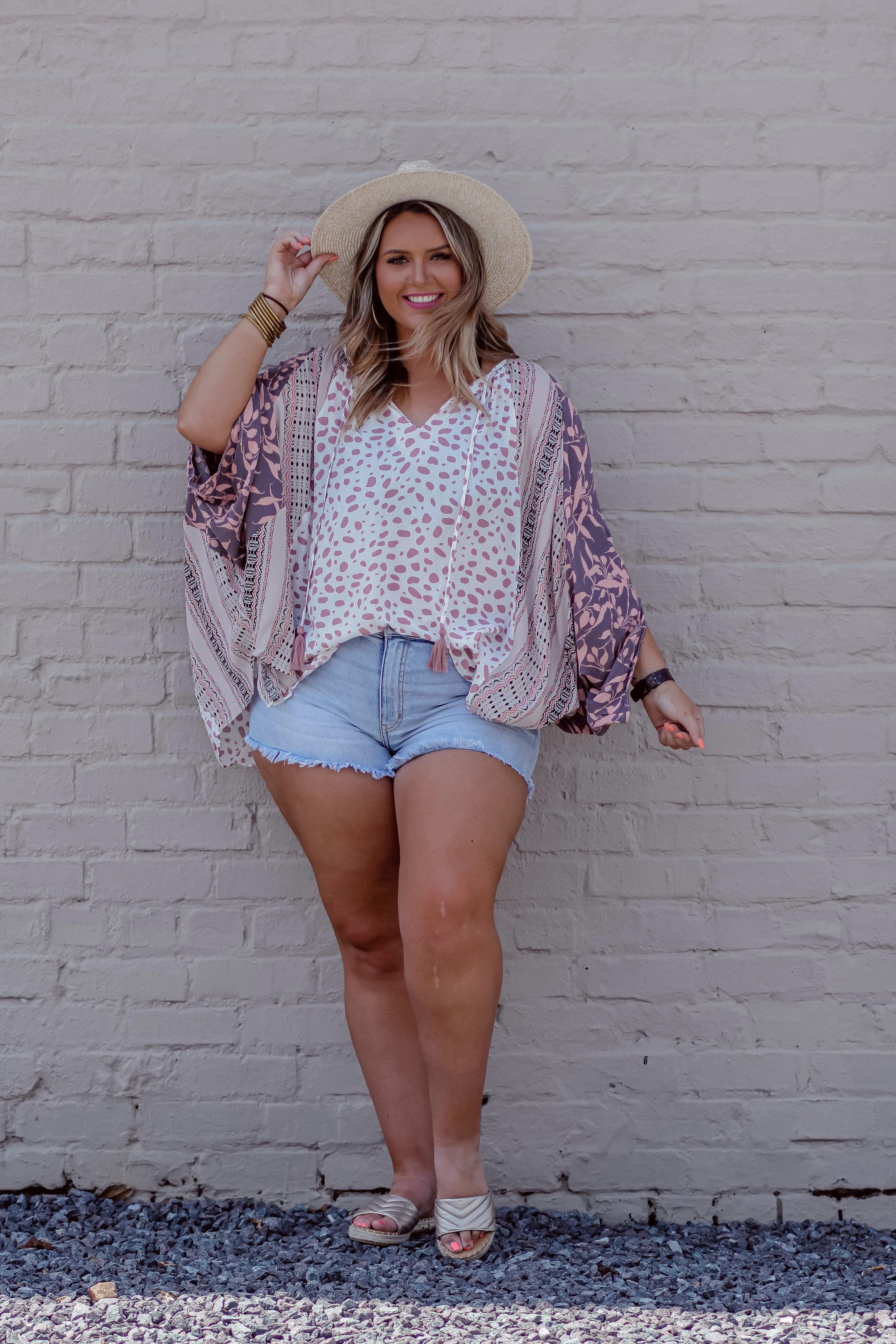 Mauve & Ivory Contrast Dolman Sleeve Tie Front Top