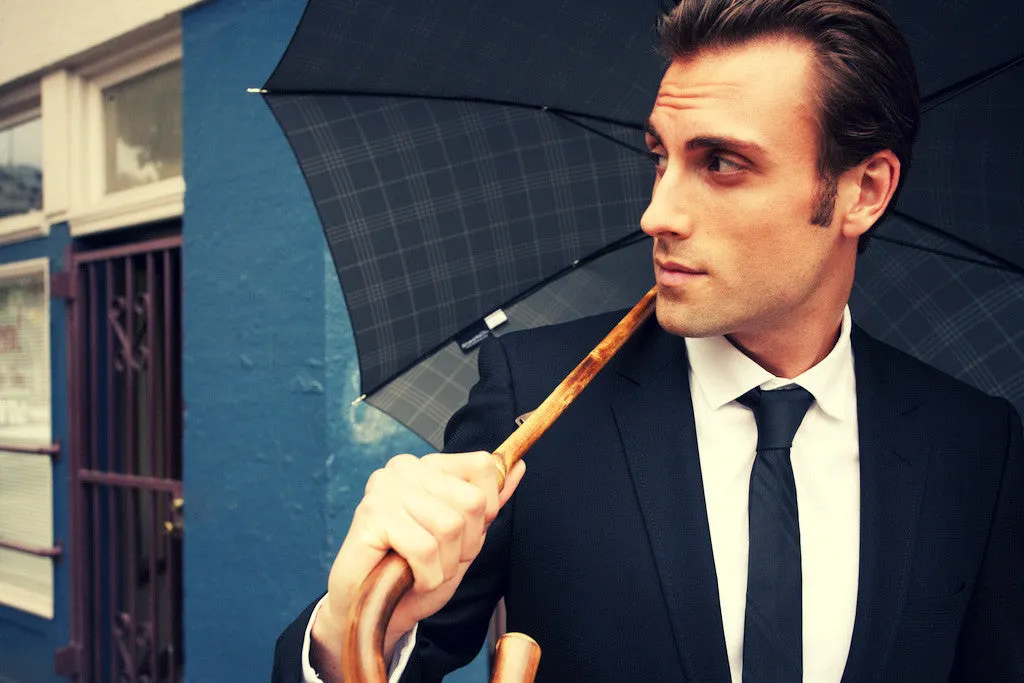Ombrelli Handcrafted Umbrella with Wood Handle - Midnight Pin Stripe