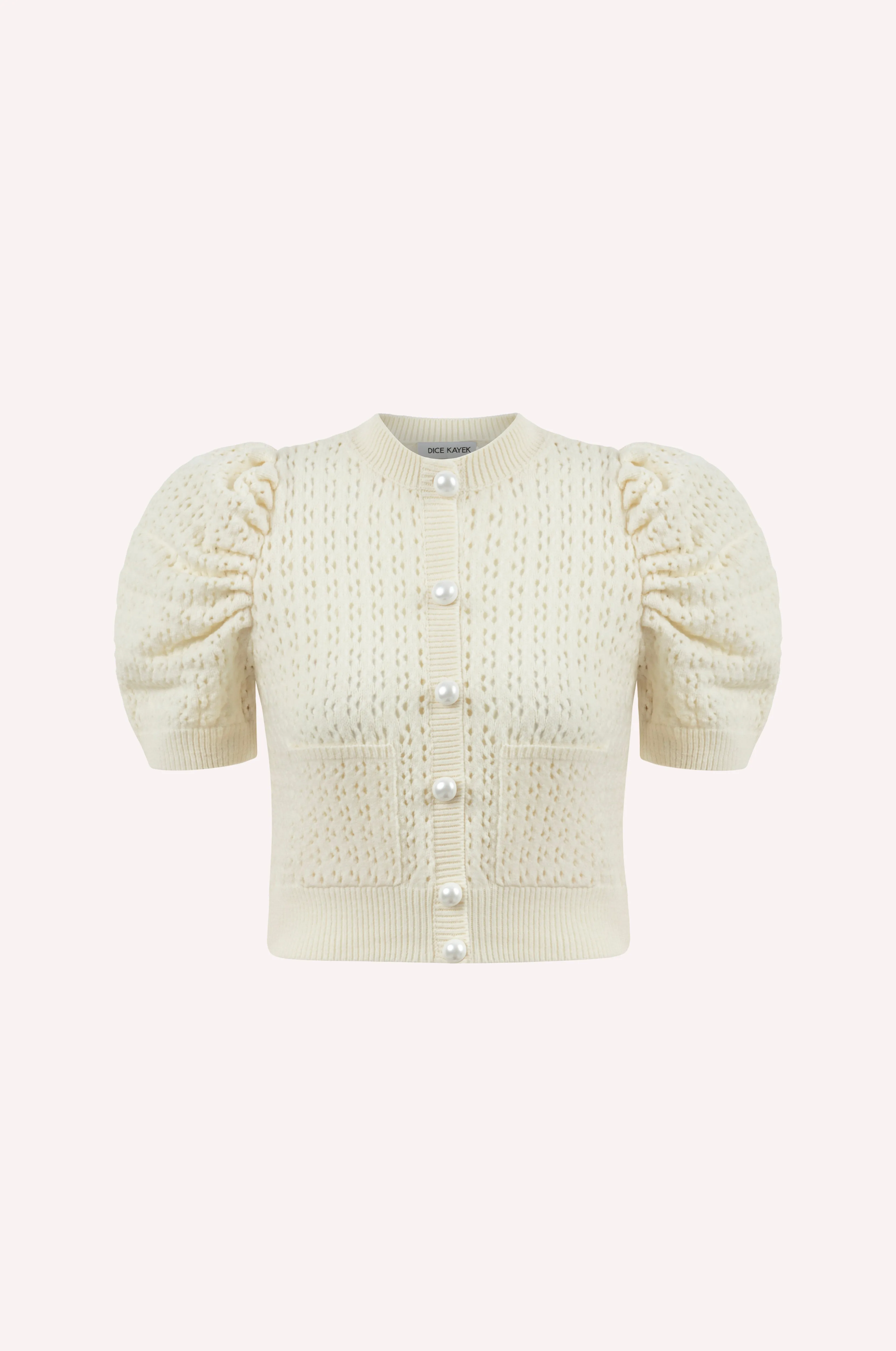 Pearl Button Knit Sweater with Puff Sleeves