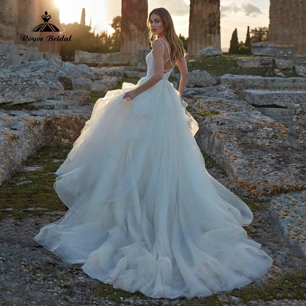 Ruffle Lace Wedding Dress V Neck Spaghetti Straps Bridal Ball Gown