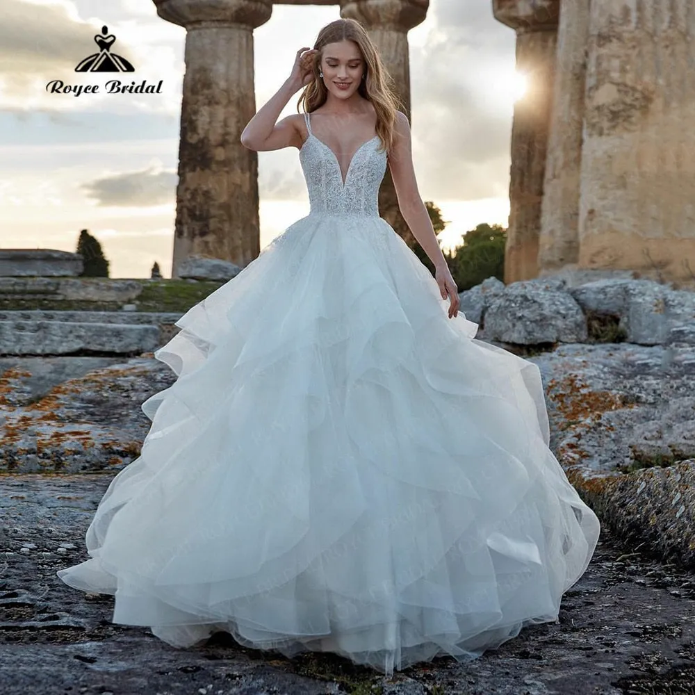 Ruffle Lace Wedding Dress V Neck Spaghetti Straps Bridal Ball Gown