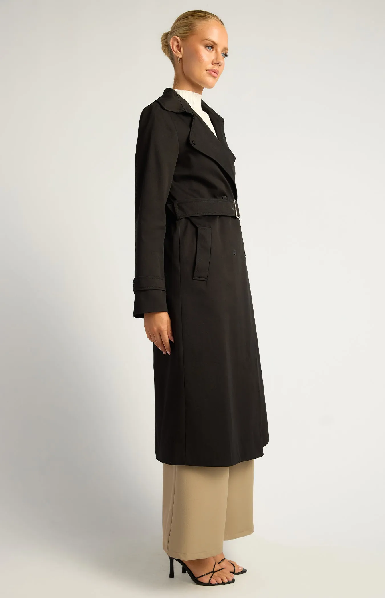Vesper Snap Button Trench Coat - Black