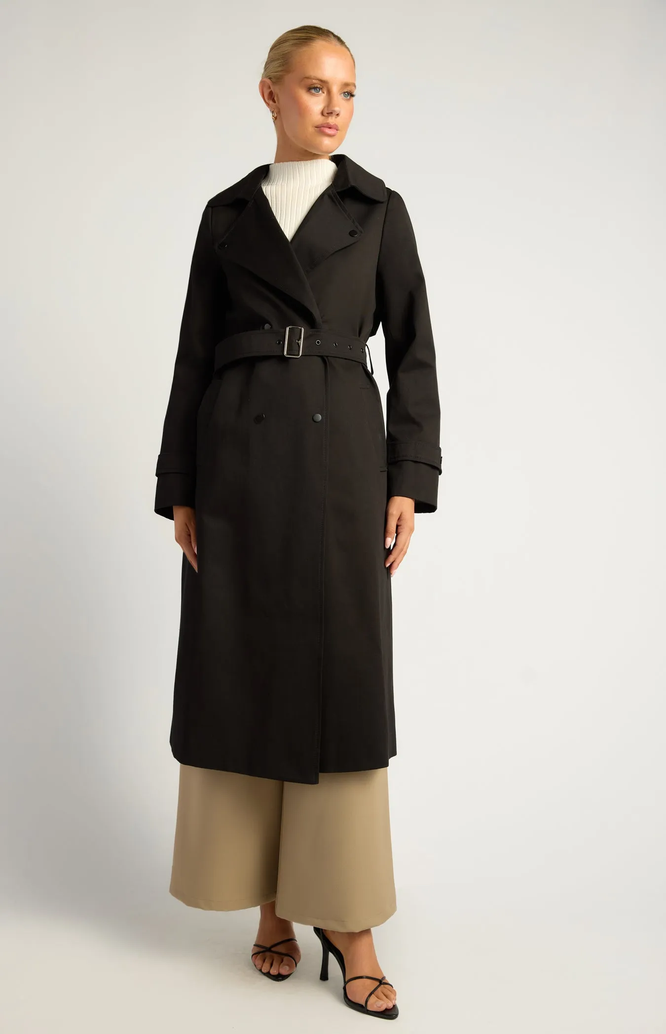 Vesper Snap Button Trench Coat - Black