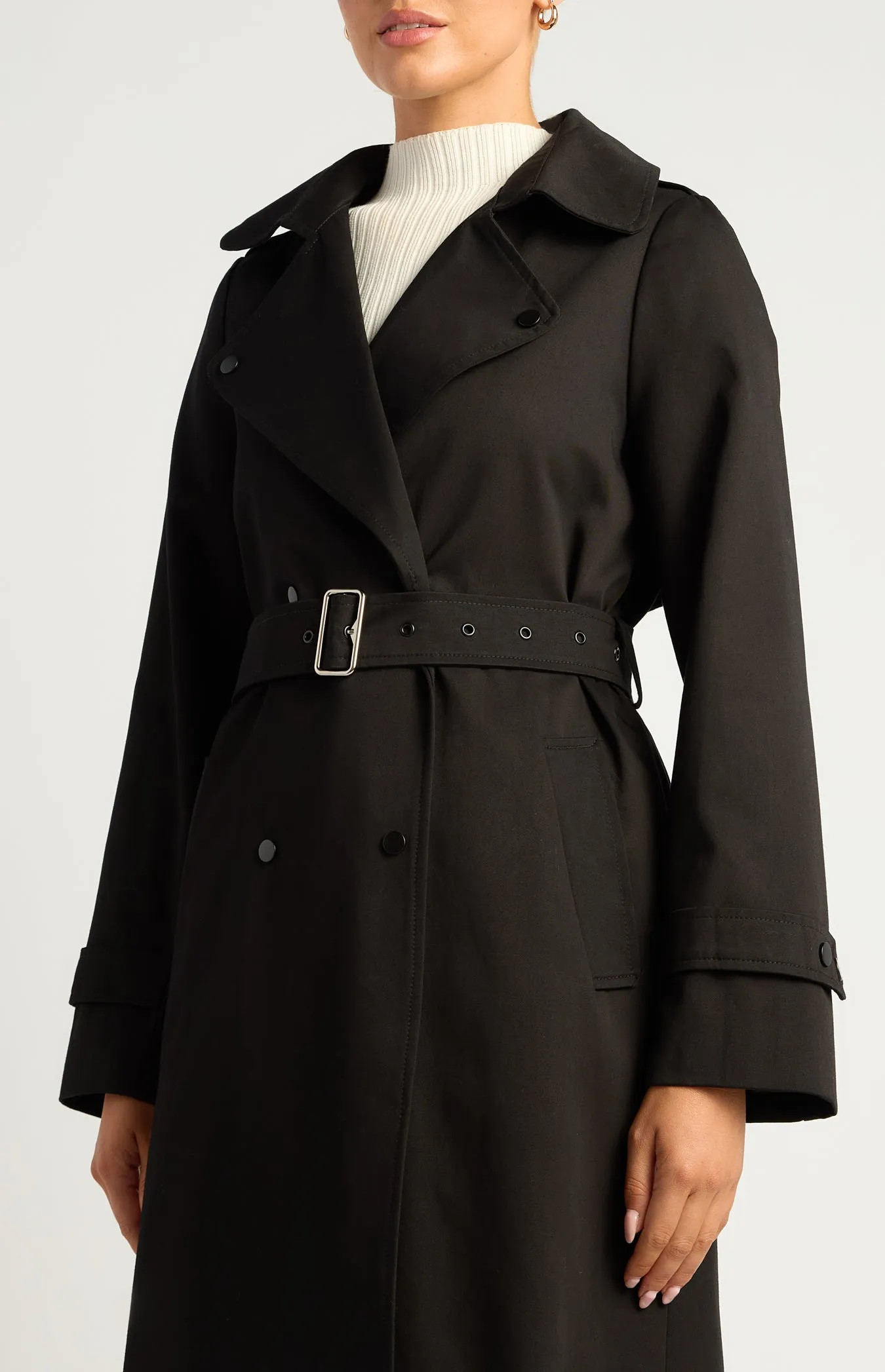 Vesper Snap Button Trench Coat - Black
