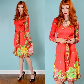 Vintage 1970s mod red floral op art v-neck dress